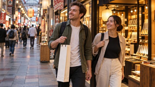 大阪ミナミの包丁専門店で買い物を楽しむ旅行者