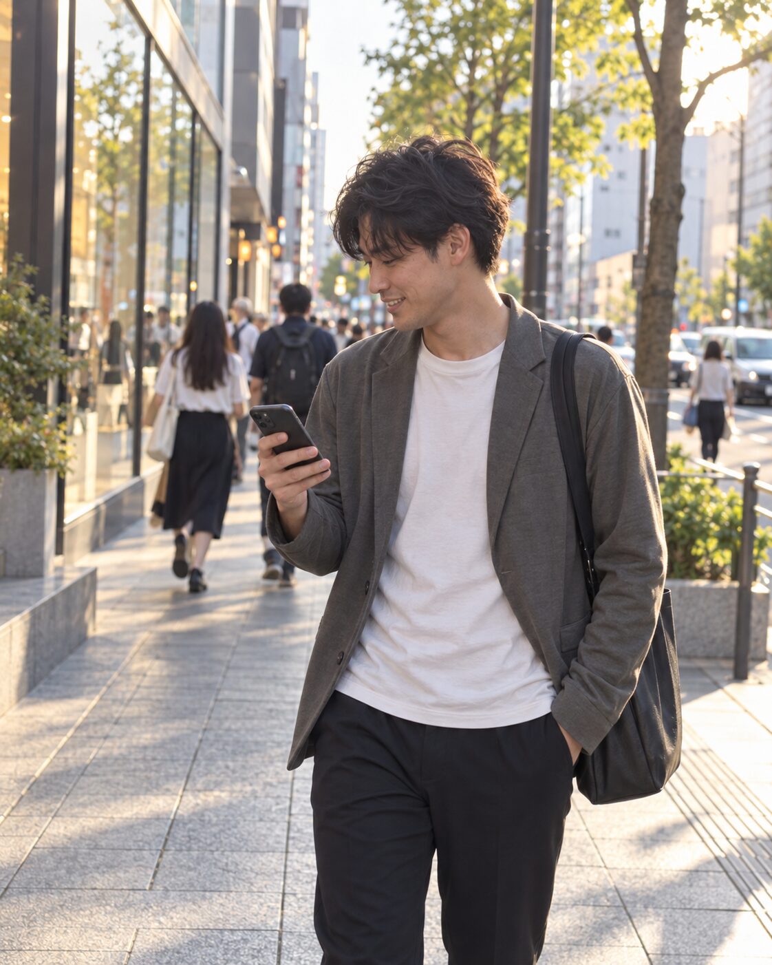大阪出張の仕事を終え夕方の街を歩く男性