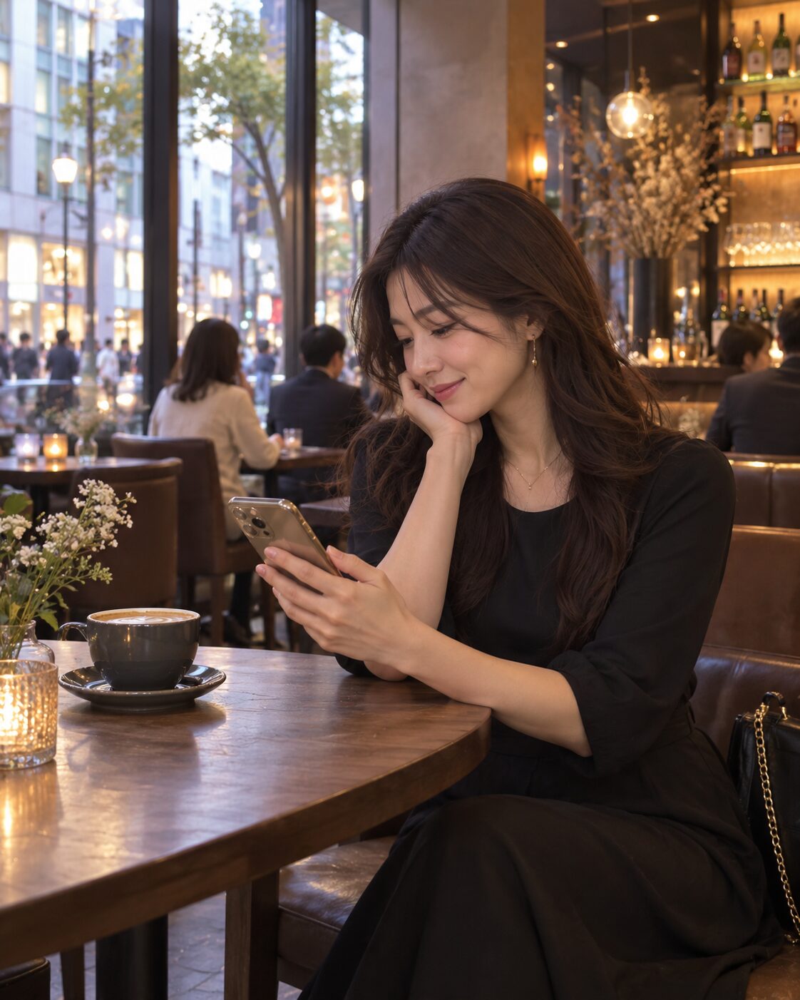夕方のカフェでスマートフォンを見る若い女性