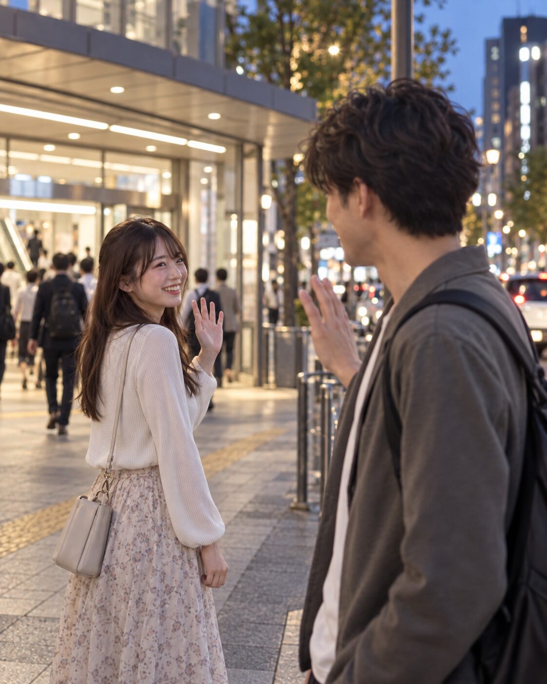 夕方の駅前で別れる男女