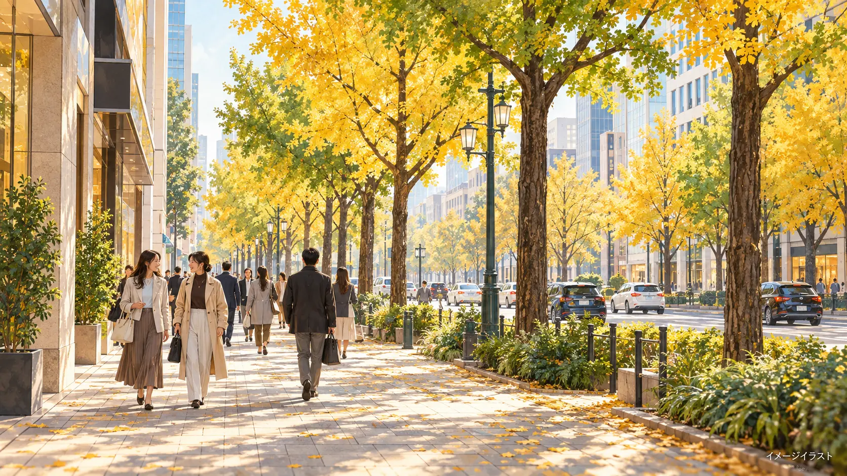 イチョウ並木のある都市の歩道を歩く人々のイメージ