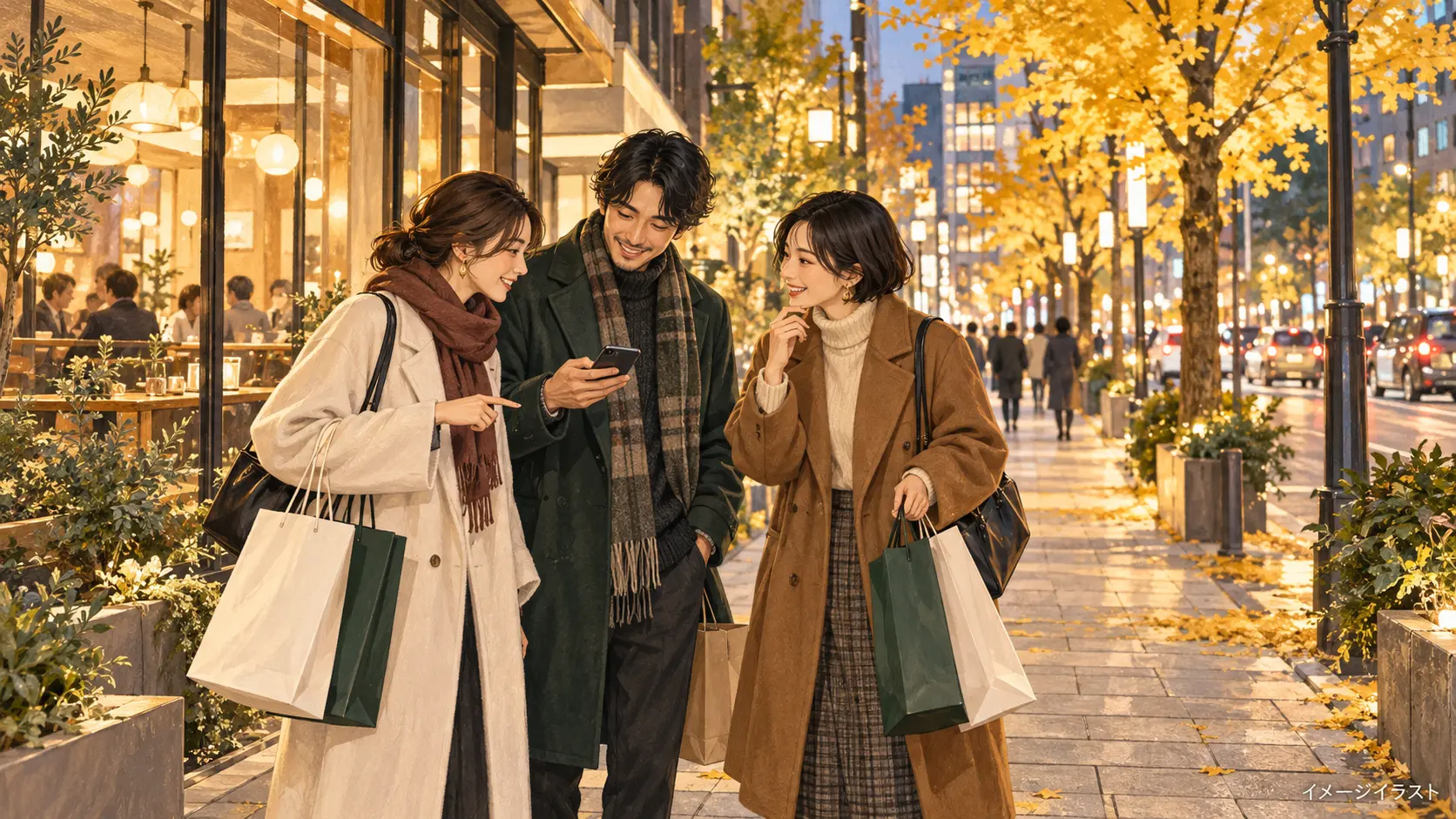 買い物袋を持った友人同士が街歩きの予定を相談するイメージ