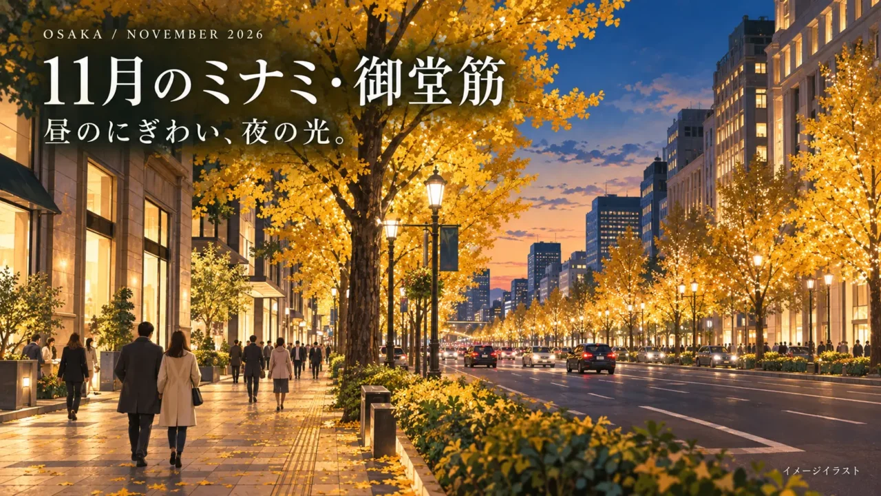 秋の御堂筋をイメージした街並みと「11月のミナミ・御堂筋」の見出し