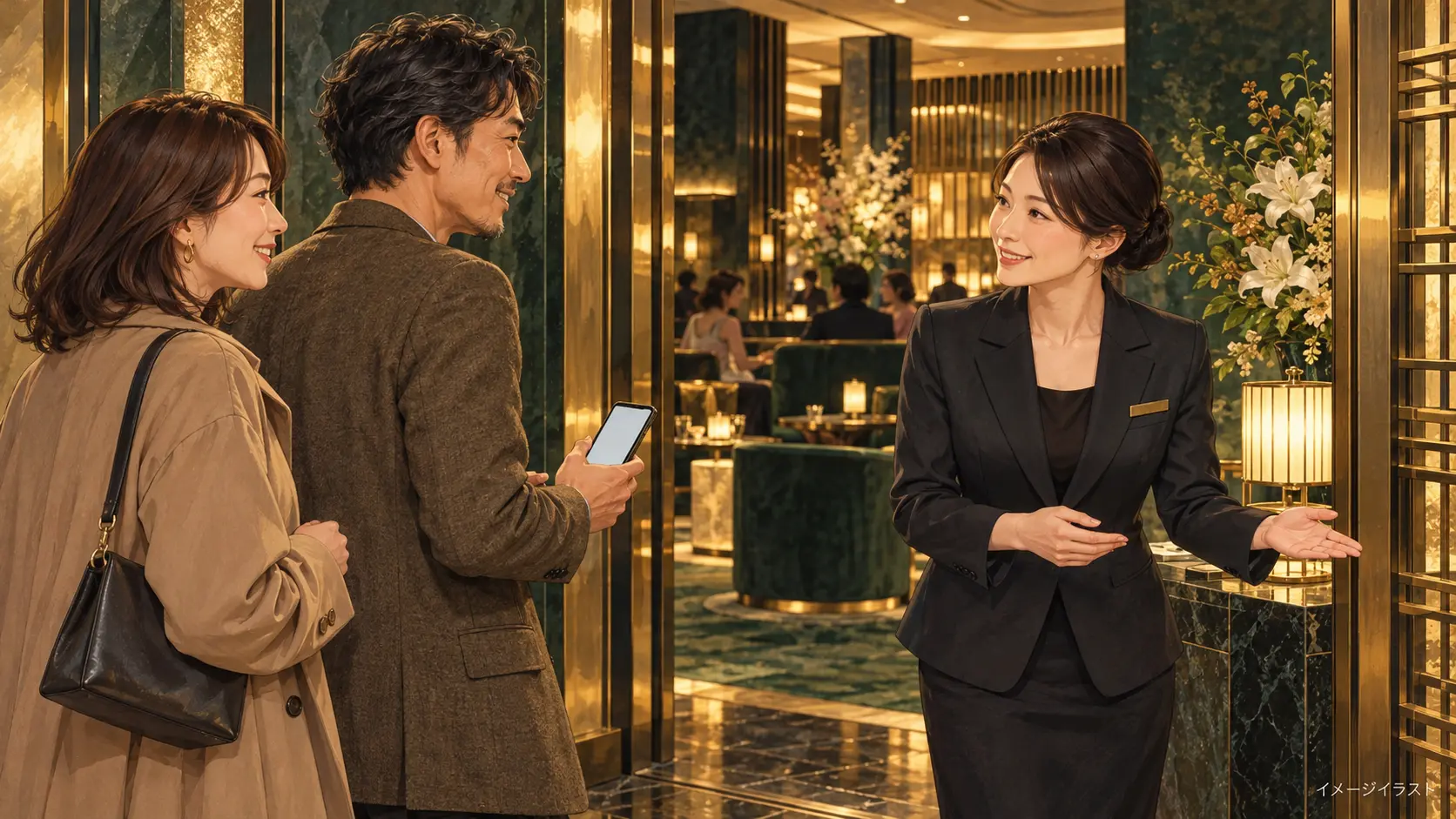 予約を確認しながら受付で案内を受ける大人の来店客のイメージ