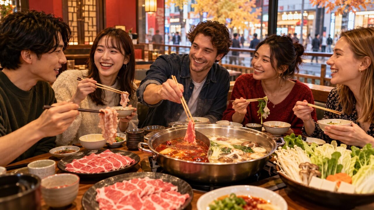 友人たちで二色の火鍋を囲む食事風景のイメージ
