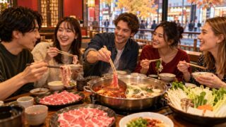 友人たちで二色の火鍋を囲む食事風景のイメージ