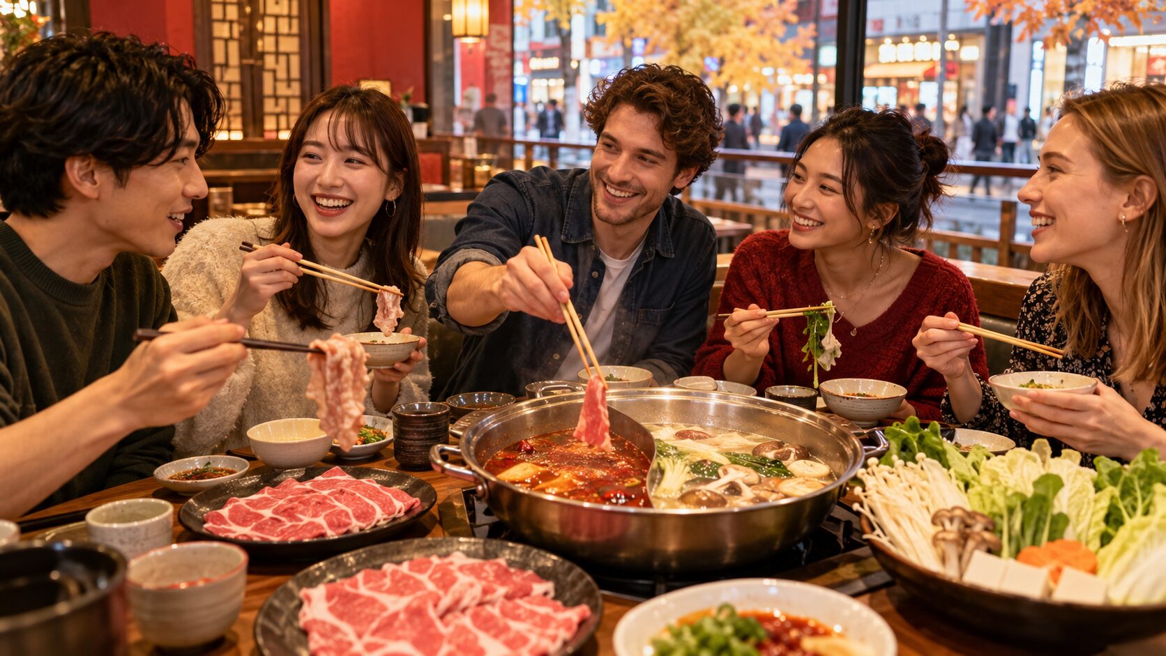 友人たちで二色の火鍋を囲む食事風景のイメージ