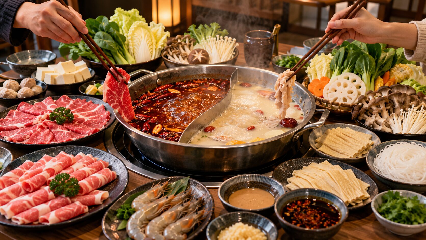 麻辣スープと白湯に肉や野菜を添えた二色火鍋のイメージ