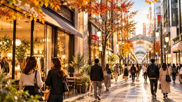 秋の商店街を歩く人々のイメージ画像（実際の店舗・街並みの写真ではありません）