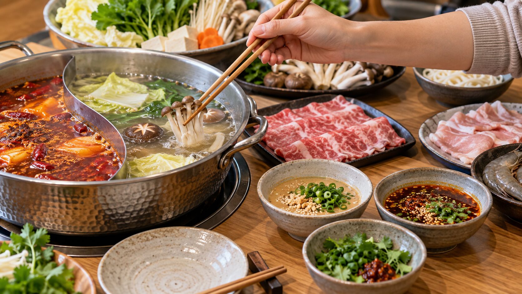 火鍋にきのこを加えて楽しむ食卓のイメージ